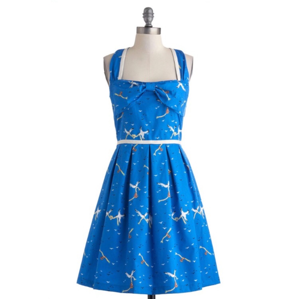 ModCloth Blue Retro Flare Dress in Seagull Print S